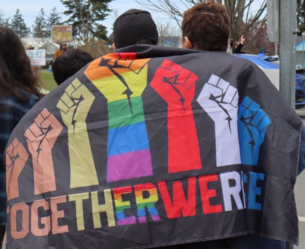 rainbow fists raised sign
