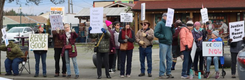 Line of protesters with signs